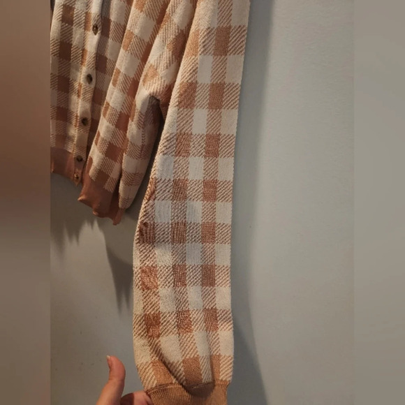Ann Taylor Cream and Tan Checked Button Front Cardigan Sweater in Size XL - Picture 9 of 12